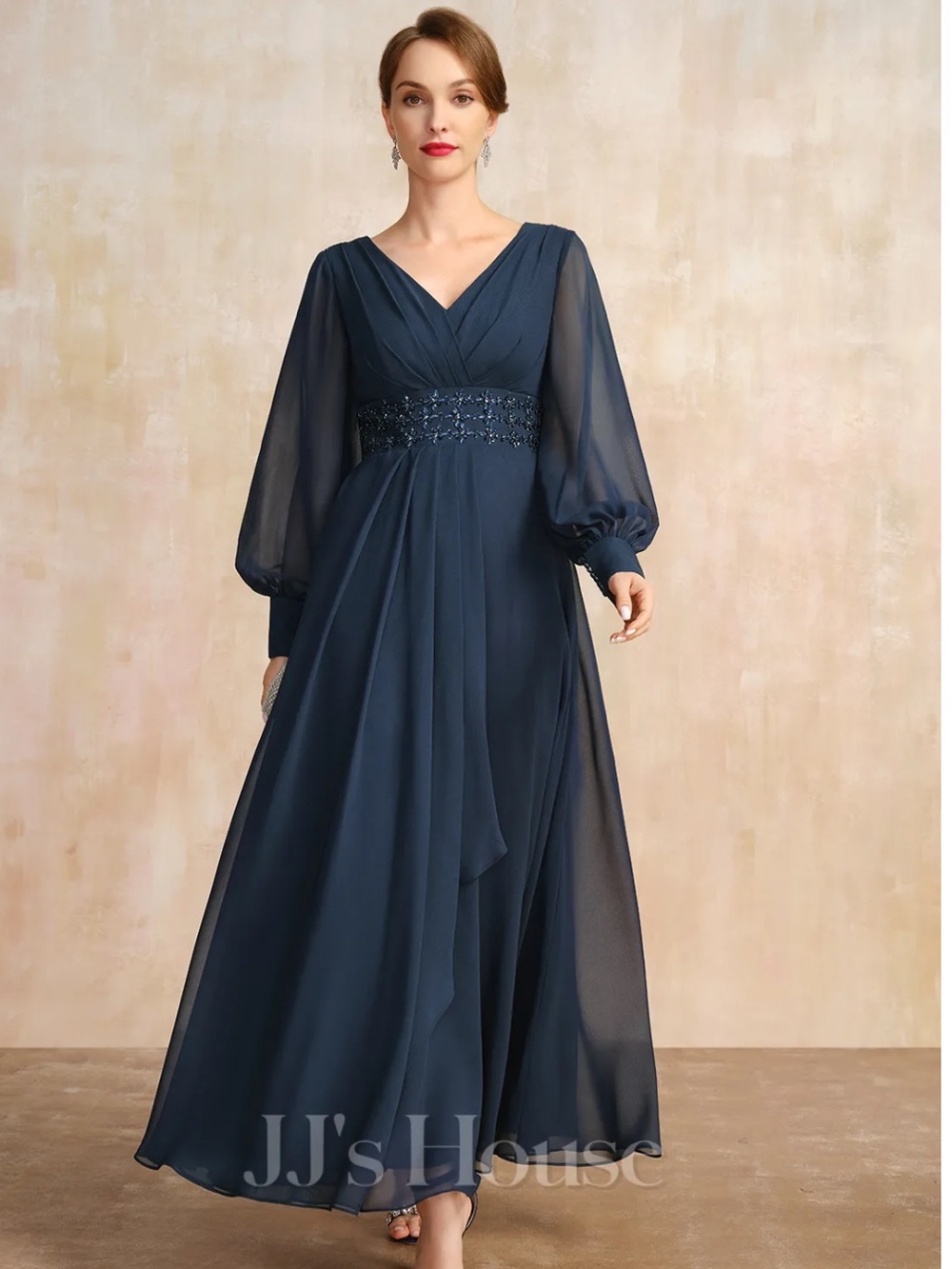 JJ's House Navy Blue Long Sleeve Chiffon Evening Gown